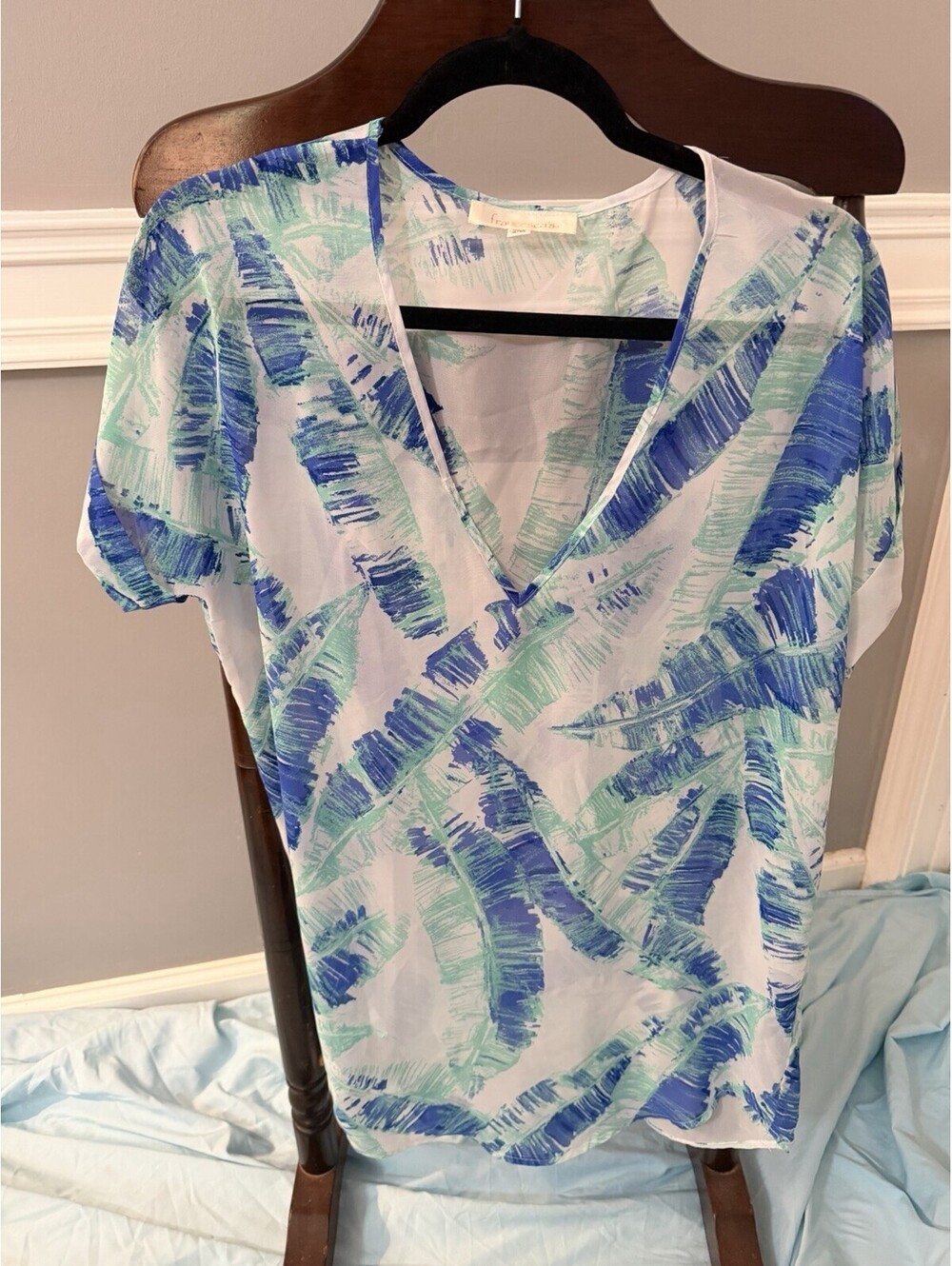 Francesca's Tunic Leaf Blue & Green Sheer Swim Cover Up Size S/M V Neckline